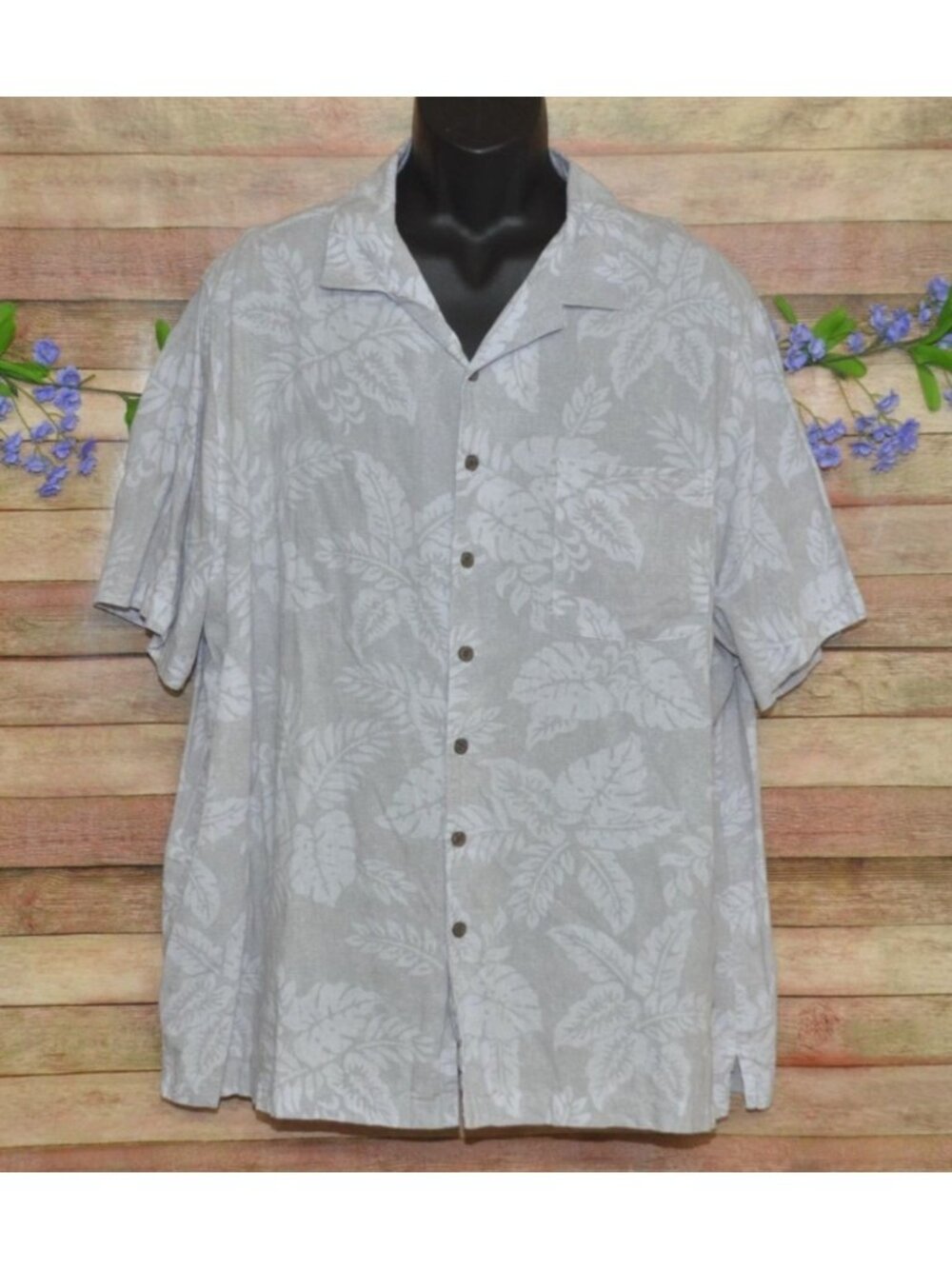 George Button Up Shirt Men 2XL Gray Palm Tree Camp Short Sleeve Linen Blend